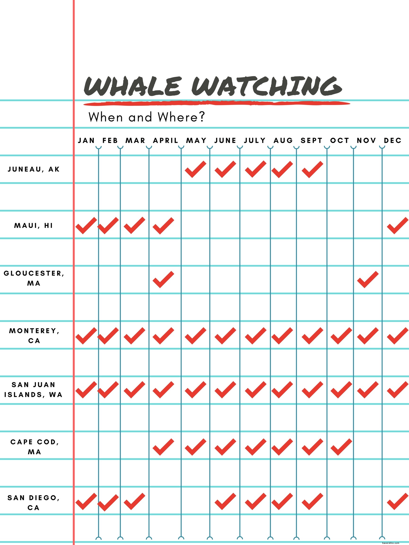 Onde e quando da observação de baleias - não é necessário passaporte 